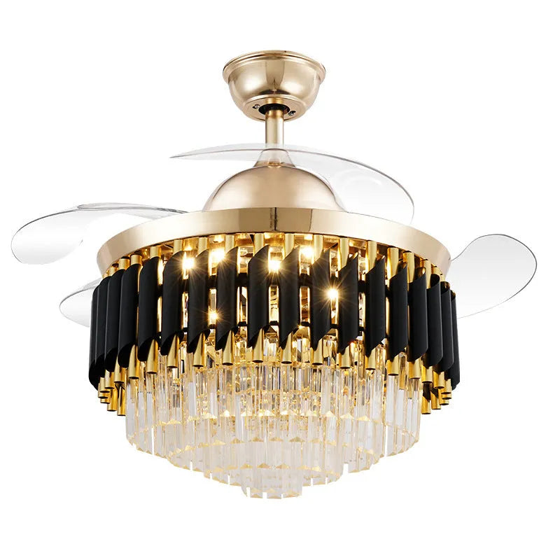 Remote control crystal chandelier ceiling fan light with wooden blades and LED light.