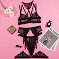 Black women's three-piece lingerie set with embroidery stitching on mesh fabric