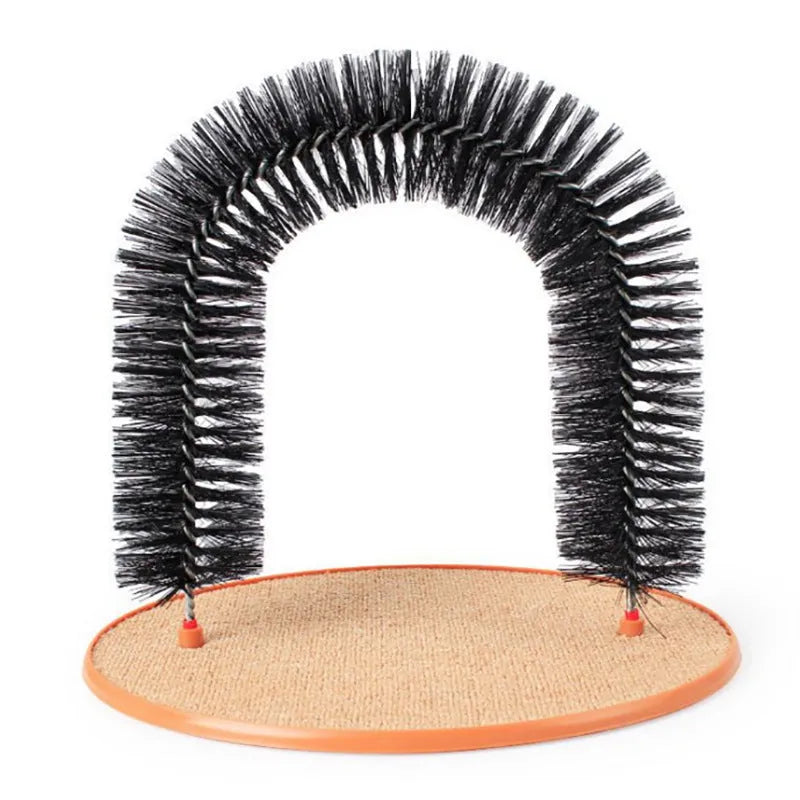 Arched plastic cat toy with built-in brush bristles for scratching and grooming