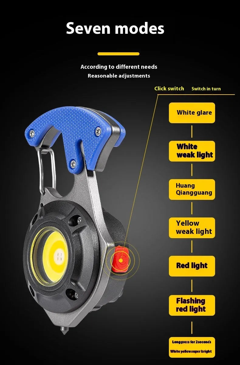 Portable multifunctional keychain rechargeable flashlight with window-breaking hammer and screwdriver tools.