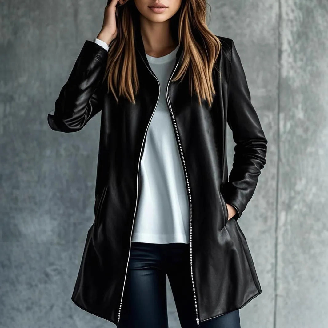 Black women's leather jacket with long sleeves and medium 65cm length