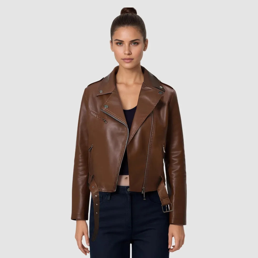 Women's black PU leather motorcycle jacket with lapel collar and short belt detail