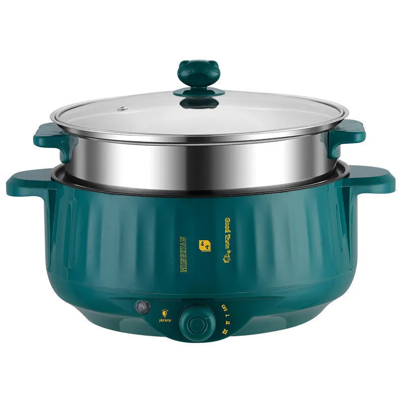 White and green non-stick electric hot pot appliance on a kitchen countertop with multiple size options.