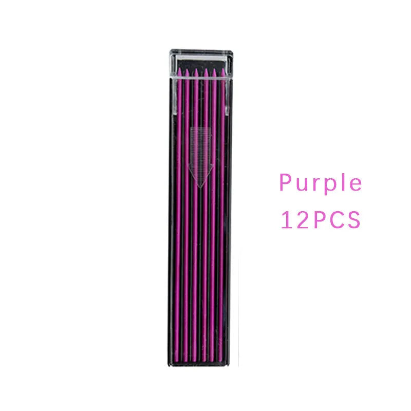 Box containing 12 coloured mechanical pencil refill leads on a white background