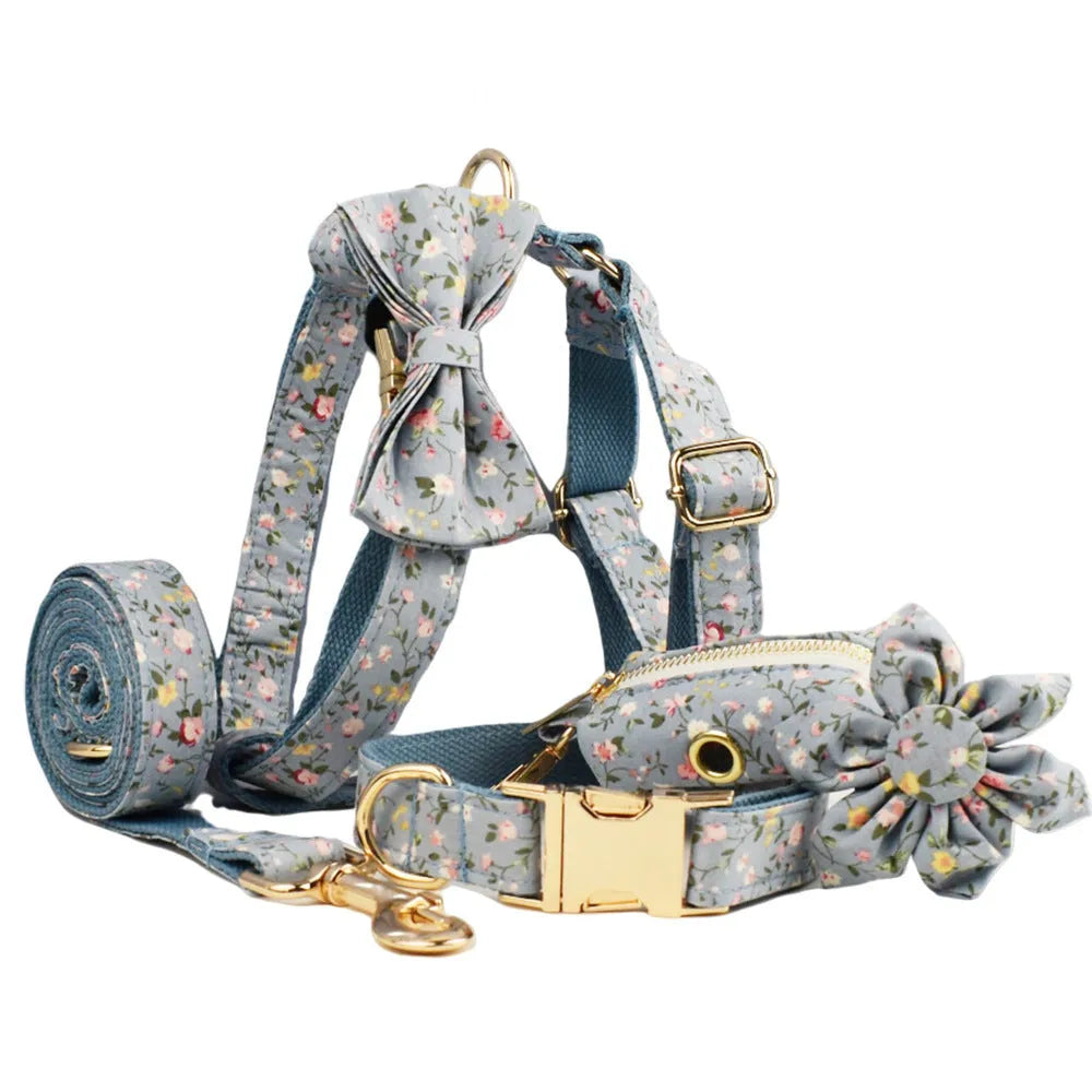 Blue floral patterned polyester cotton dog collar with adjustable fastener and coordinating accessories