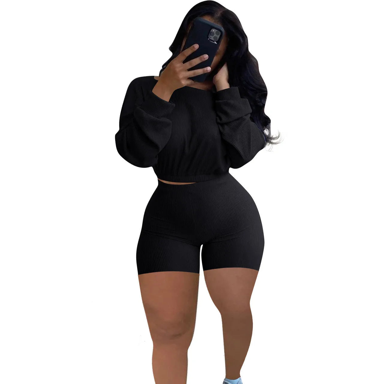 Women's sunken stripe solid colour off-the-shoulder two-piece set with long sleeves and shorts.