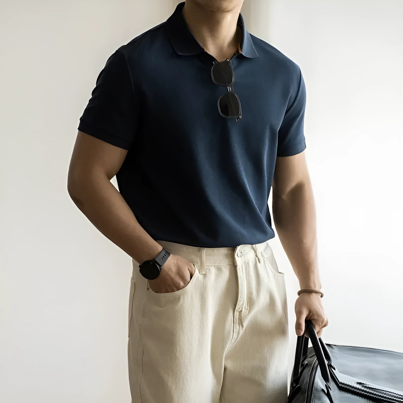Man's blue American-style short-sleeved cotton blend polo shirt on a hanger.