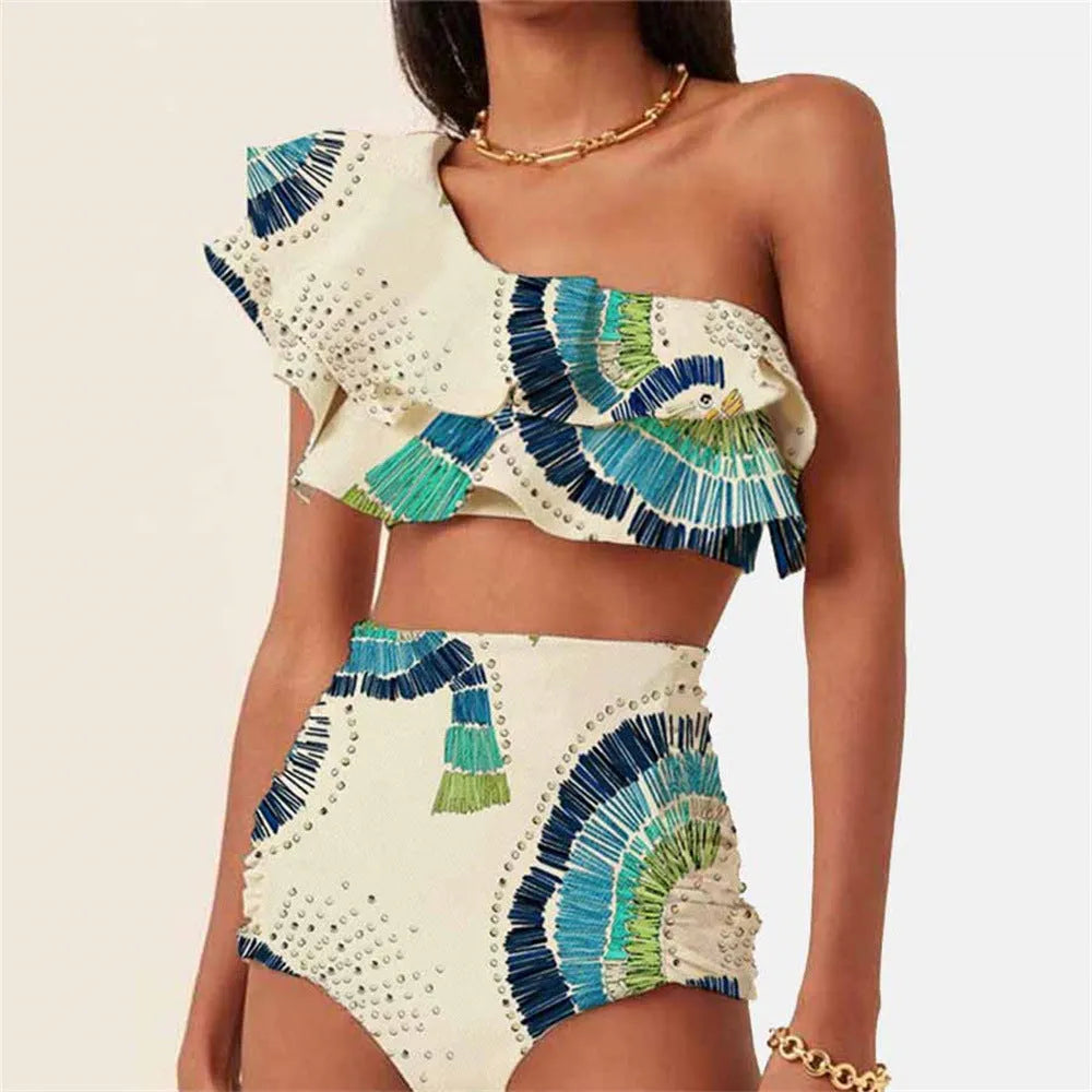 White women's one-shoulder bikini with lotus leaf detail and double-layer construction.