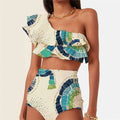 White women's one-shoulder bikini with lotus leaf detail and double-layer construction.