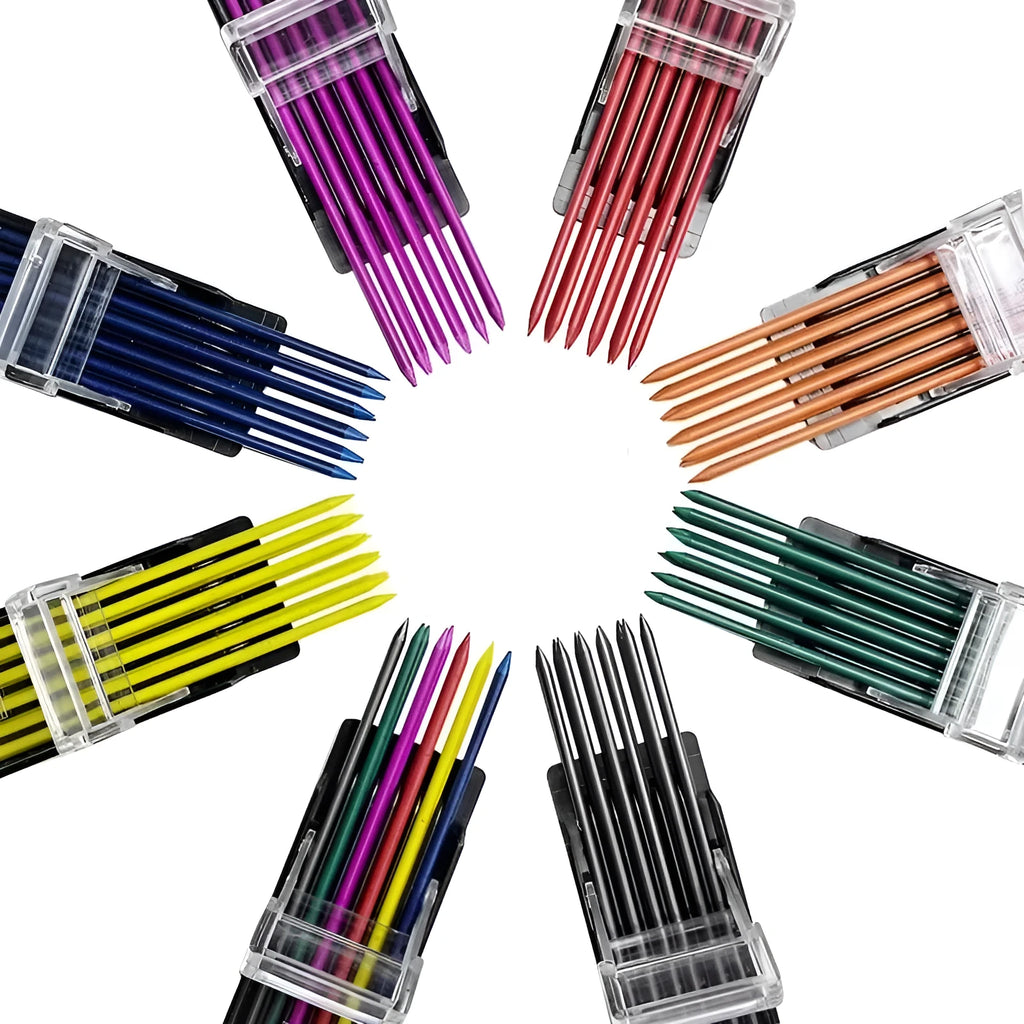 Box containing 12 coloured mechanical pencil refill leads on a white background