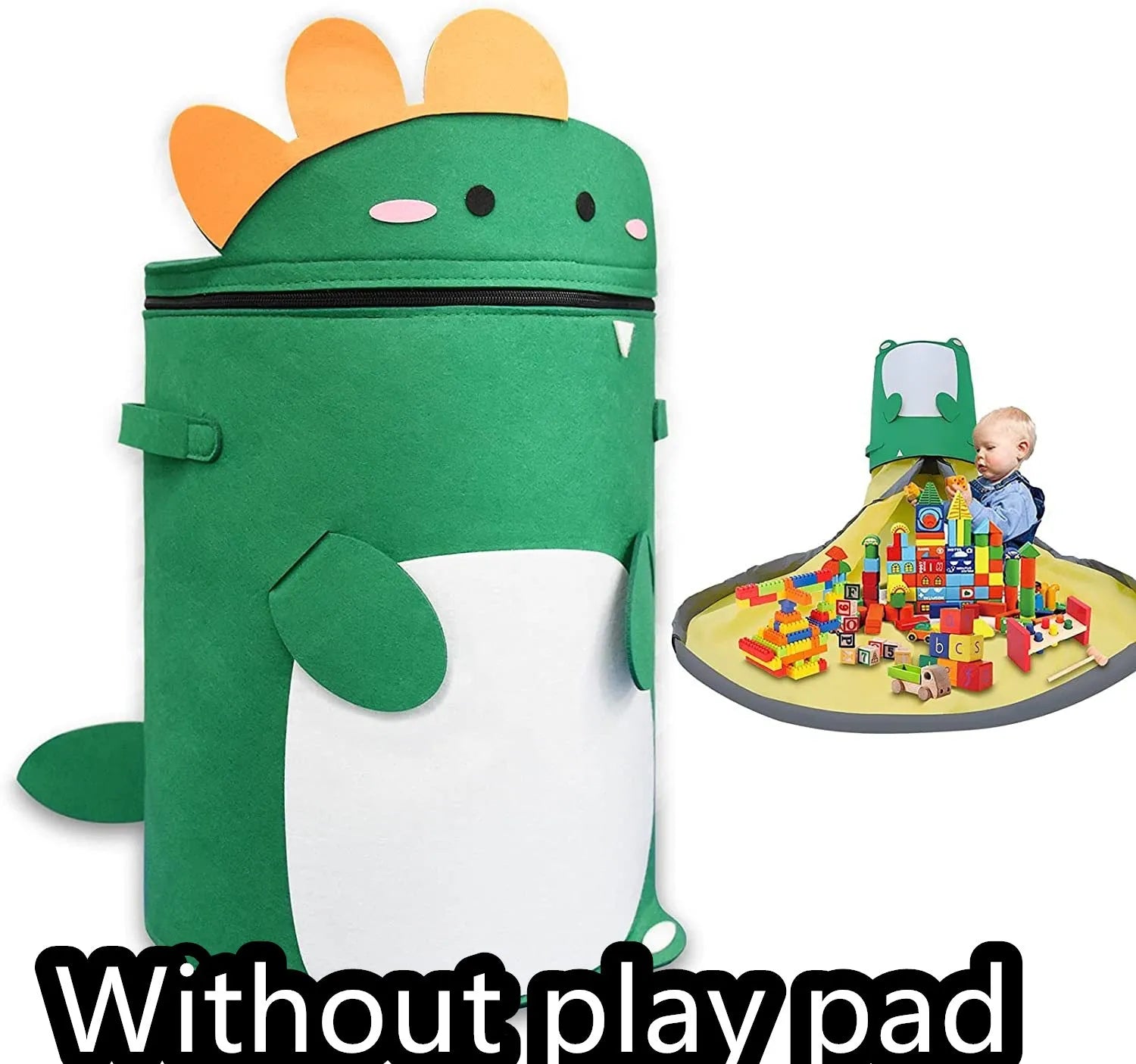 Green felt cube storage bag with pull rope serving as toy organiser and play mat