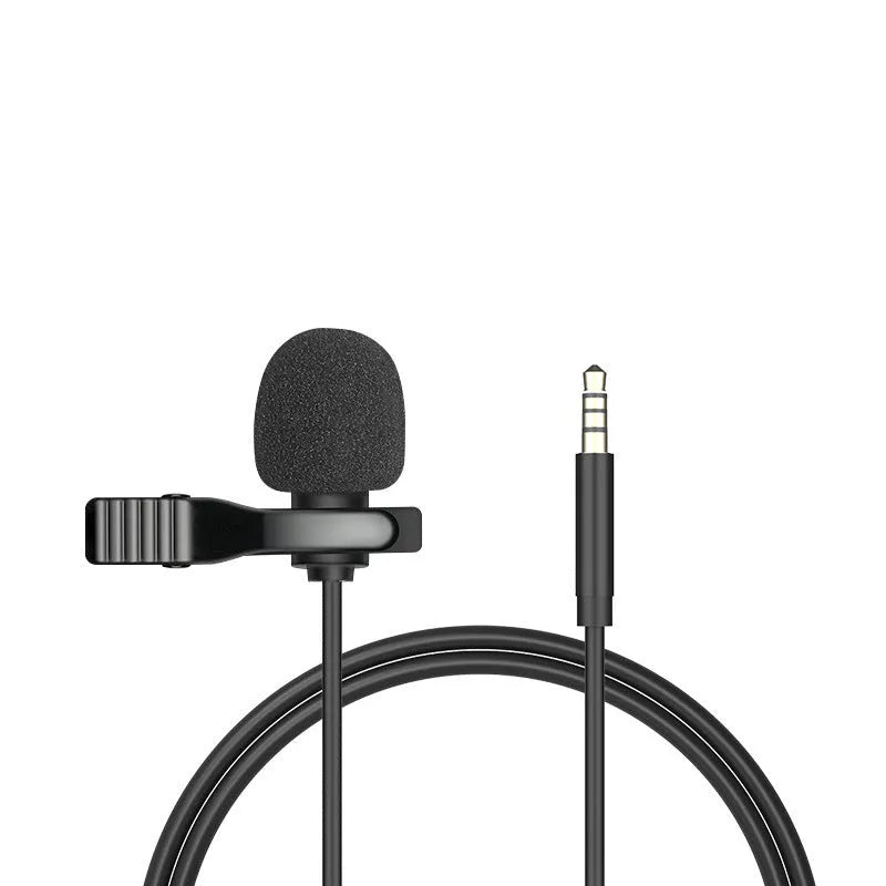 Black wired lavalier clip microphone with 3.5mm plug and 1.5m cable for iPhone recording.