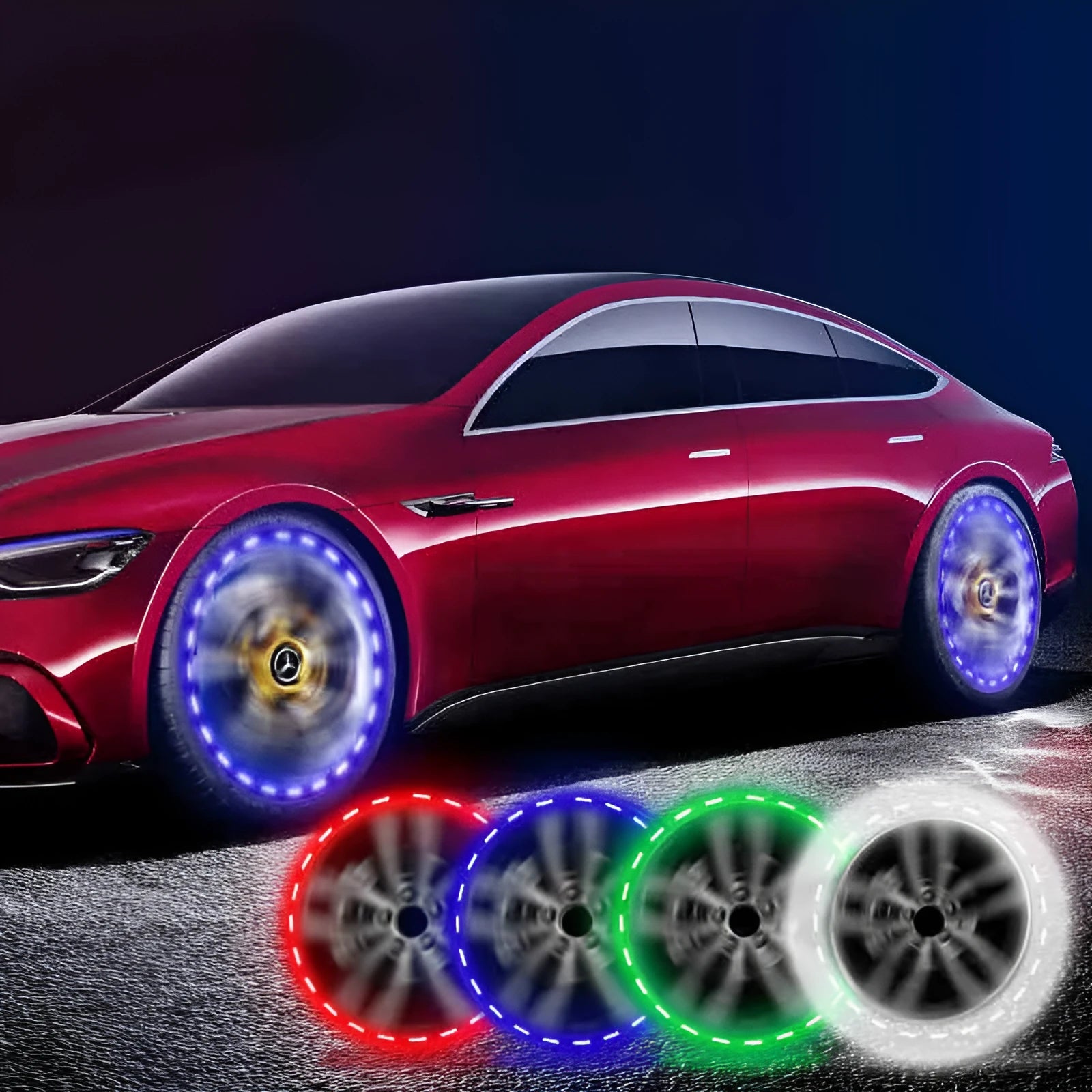 Colourful solar-powered LED decorative light mounted on a vehicle wheel hub.
