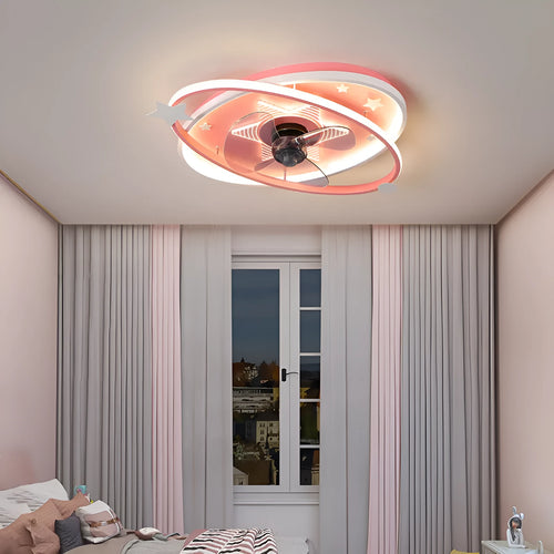 Modern blue children's bedroom ceiling fan light with remote control and acrylic shade.