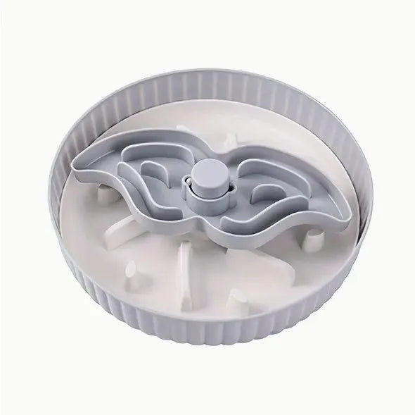 Interactive rotating slow feed pet bowl with silicone licking mat in blue windmill pattern