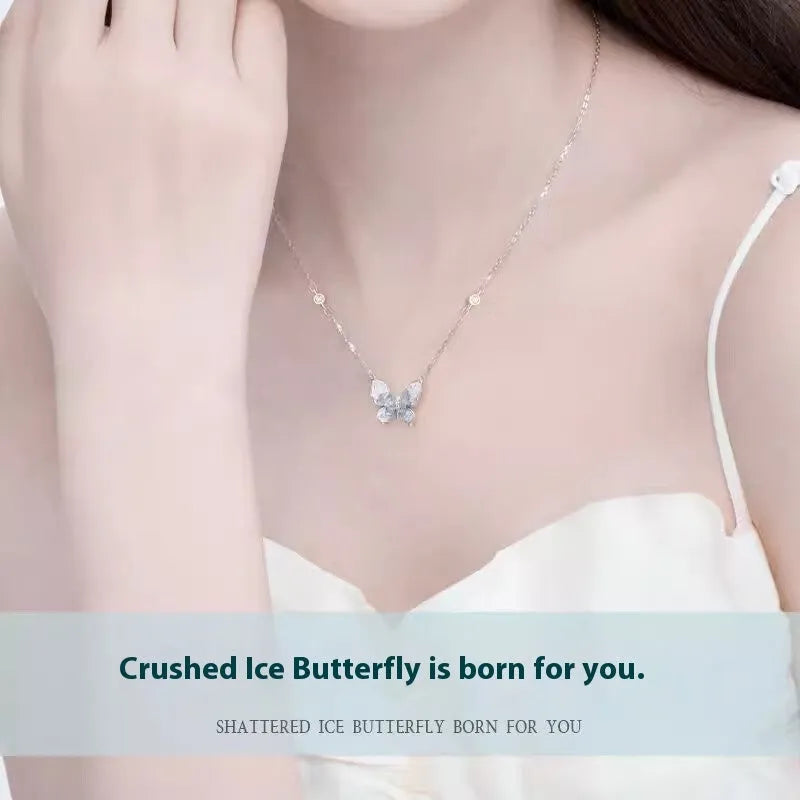 Women's S925 silver necklace with ice rain butterfly pendant on adjustable chain