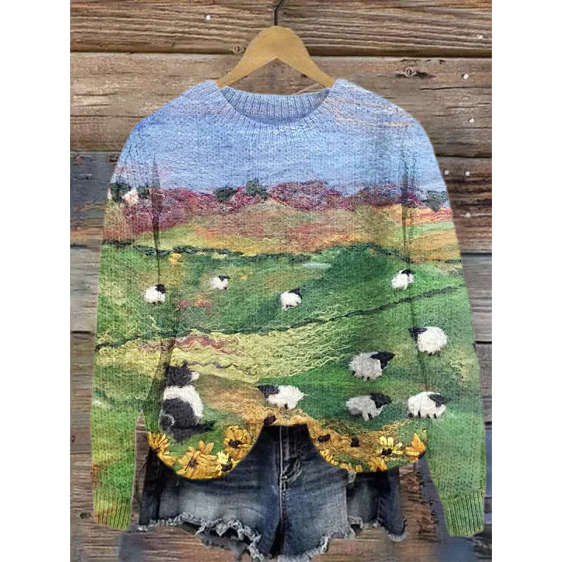 Women's round neck sweater featuring a digital printed little flower pattern in various colours.