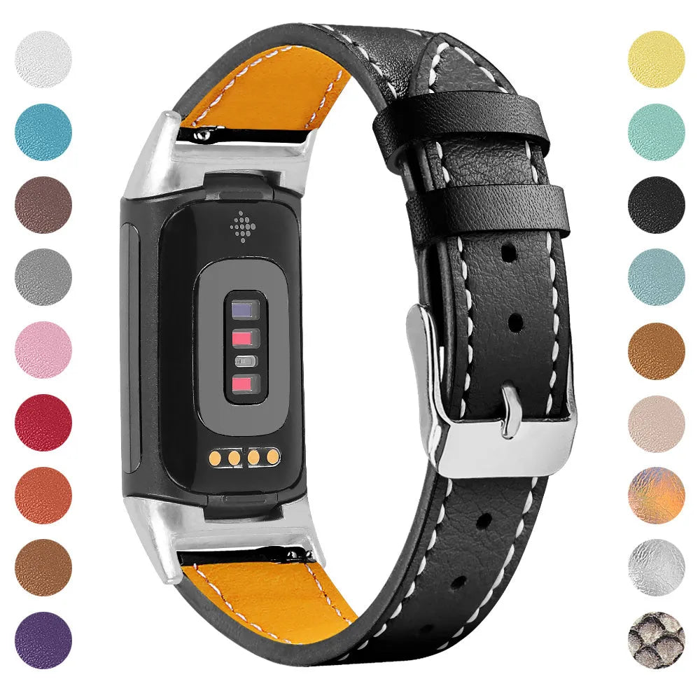 Genuine leather strap for Fitbit Charge 5 and Charge 6 smartwatches in multiple colour options.
