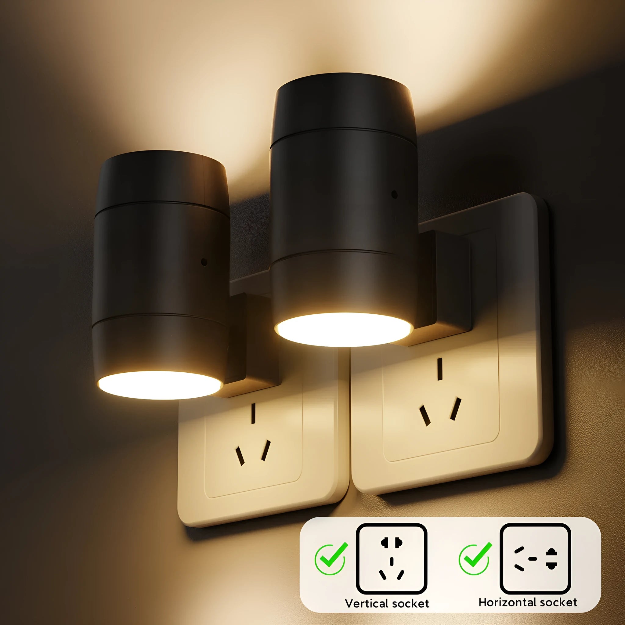Small white adjustable plug-in night lamp with rotatable head shown in a bedside socket