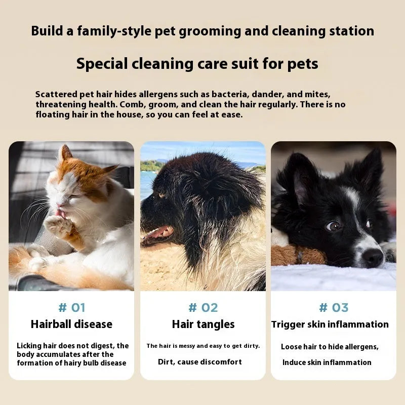 Pink and white pet grooming vacuum cleaner with electric clipper, hose, and grooming attachments