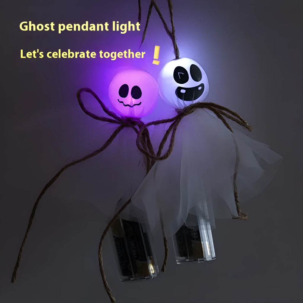 Halloween ghost-themed LED string lights with colourful beads and a battery box for cord-free decoration.