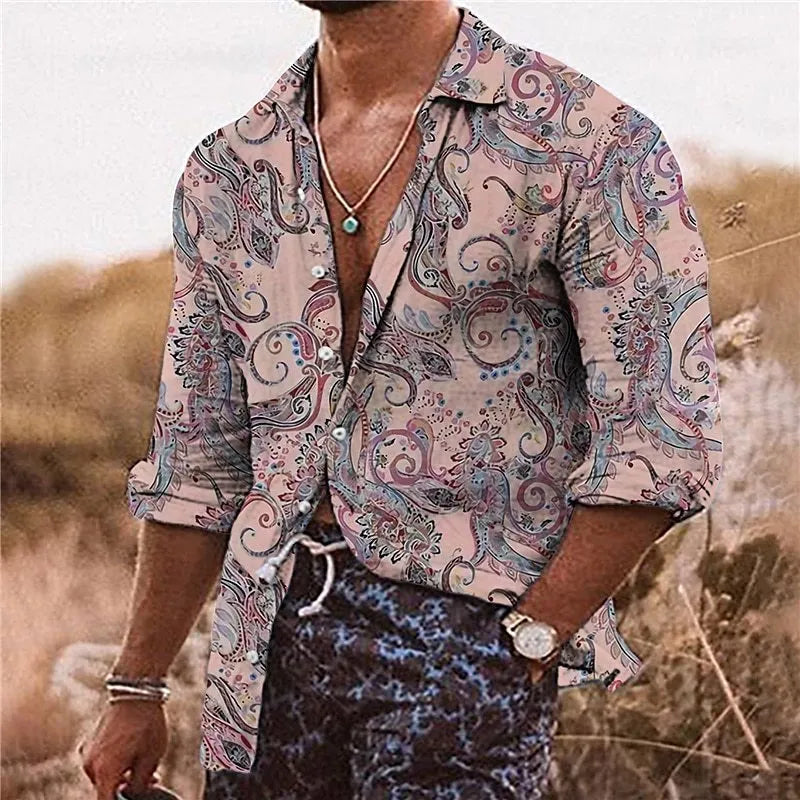 Men's Bohemian style shirt with 3D floral pattern printing, long sleeves and loose fit