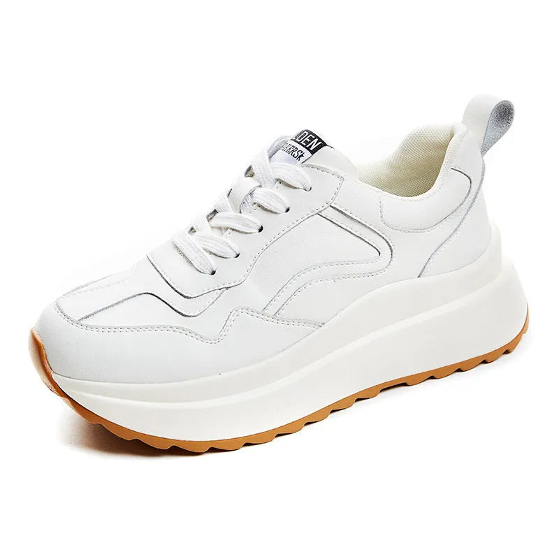 Beige women's cattlehide leather casual sports shoes with cross strap and English muffin heel