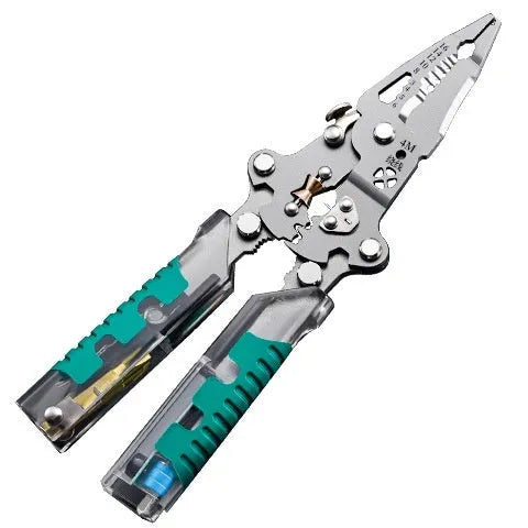 Thickened electrician's wire stripper and pointed pliers tool with rust-resistant finish