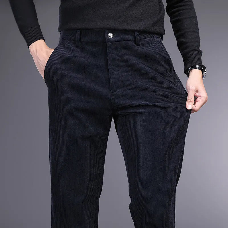 Retro striped straight-leg trousers in khaki colour with zip-fly closure