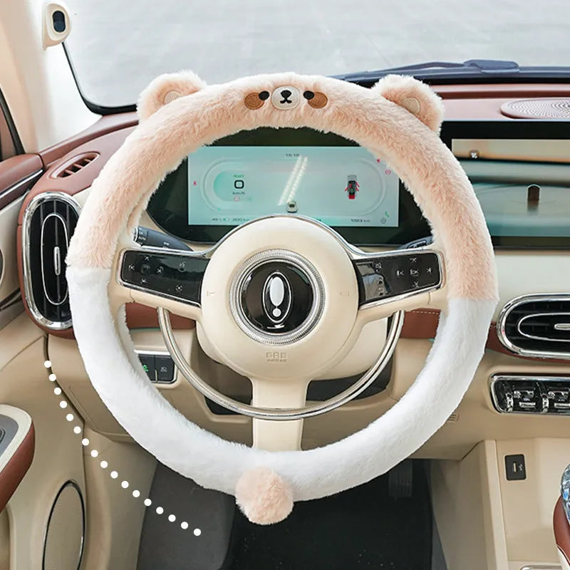 Plush rabbit fur steering wheel cover with animal embroidery for 38cm diameter winter use