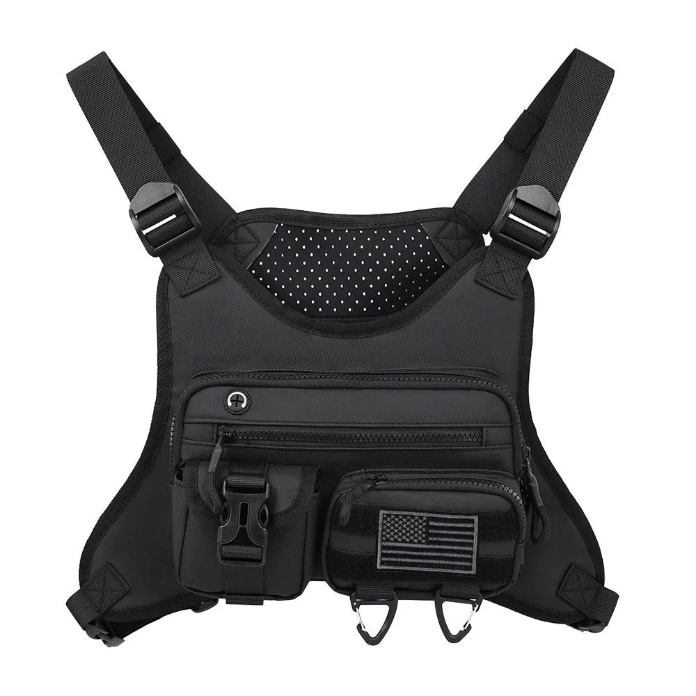 Oxford cloth chest bag with breathable vest design in black, blue, or grey for outdoor sports and riding