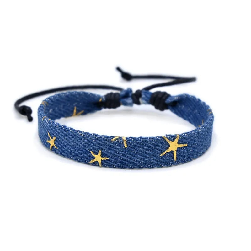 Adjustable denim fabric bracelet in various YYR colours with mixed material construction