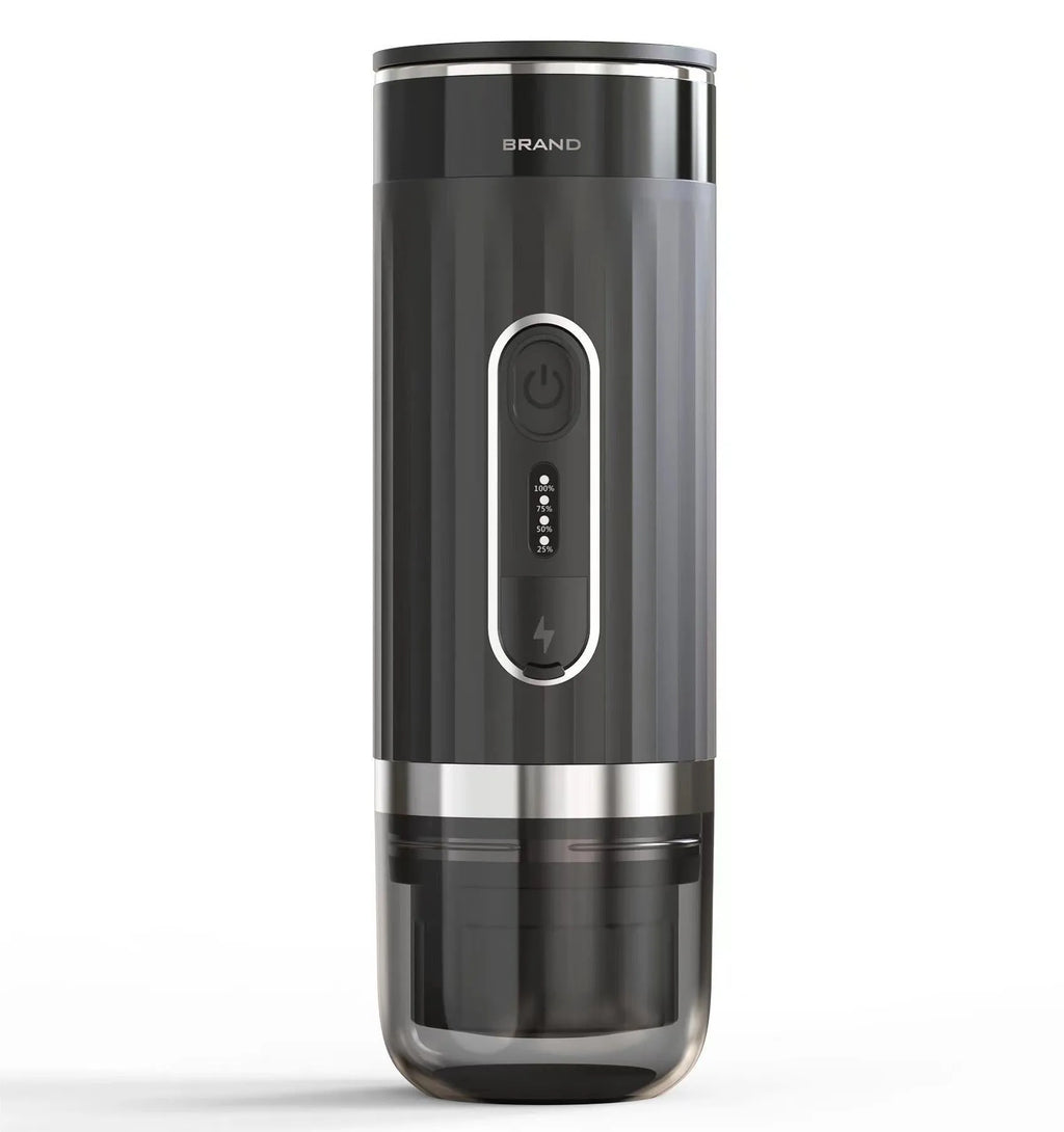 Black portable K Cup coffee machine for outdoor camping and car use with capsule compatibility