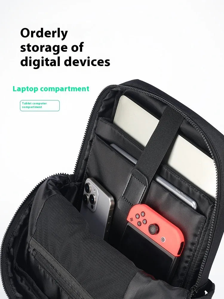 Elegant black Oxford cloth computer backpack with 20-35 litre capacity and a laptop compartment.