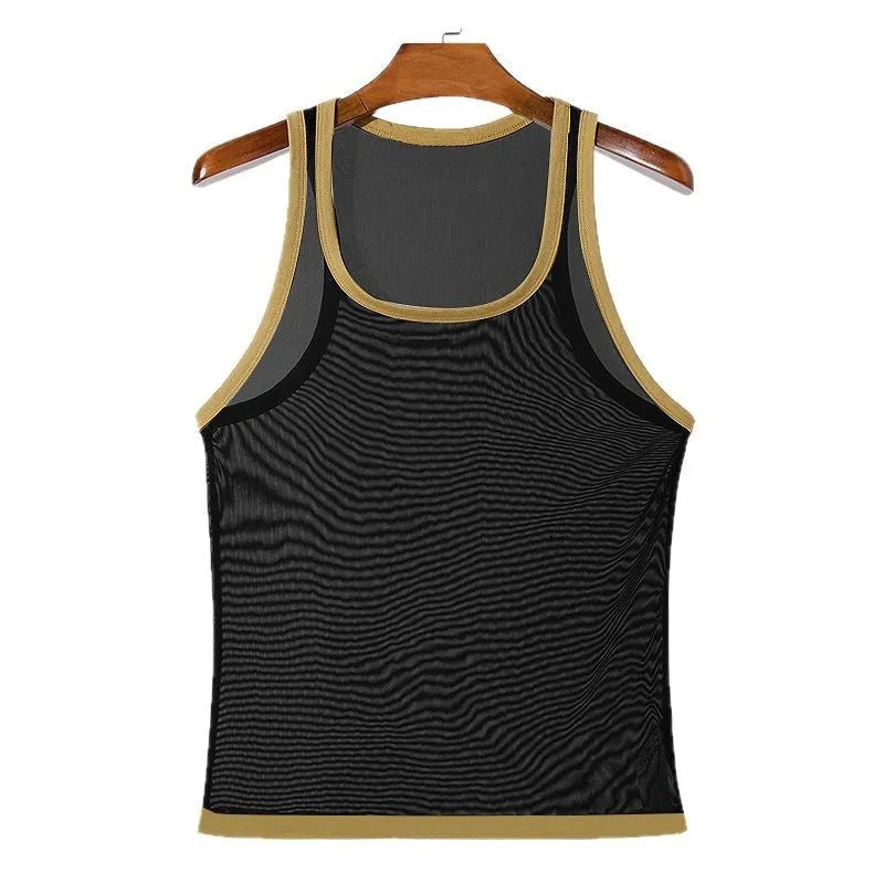 Men's white mesh fitness vest with straight hem design for sports and casual wear