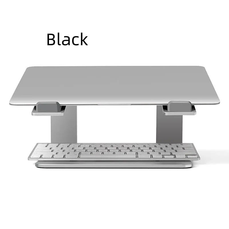 Black aluminium alloy laptop stand on desk with laptop elevated for cooling