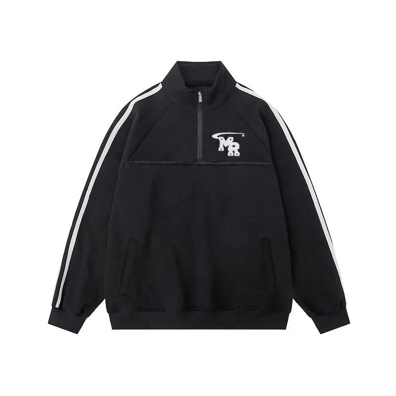 Black Hong Kong style retro sports hoodie with stand collar design and long sleeves