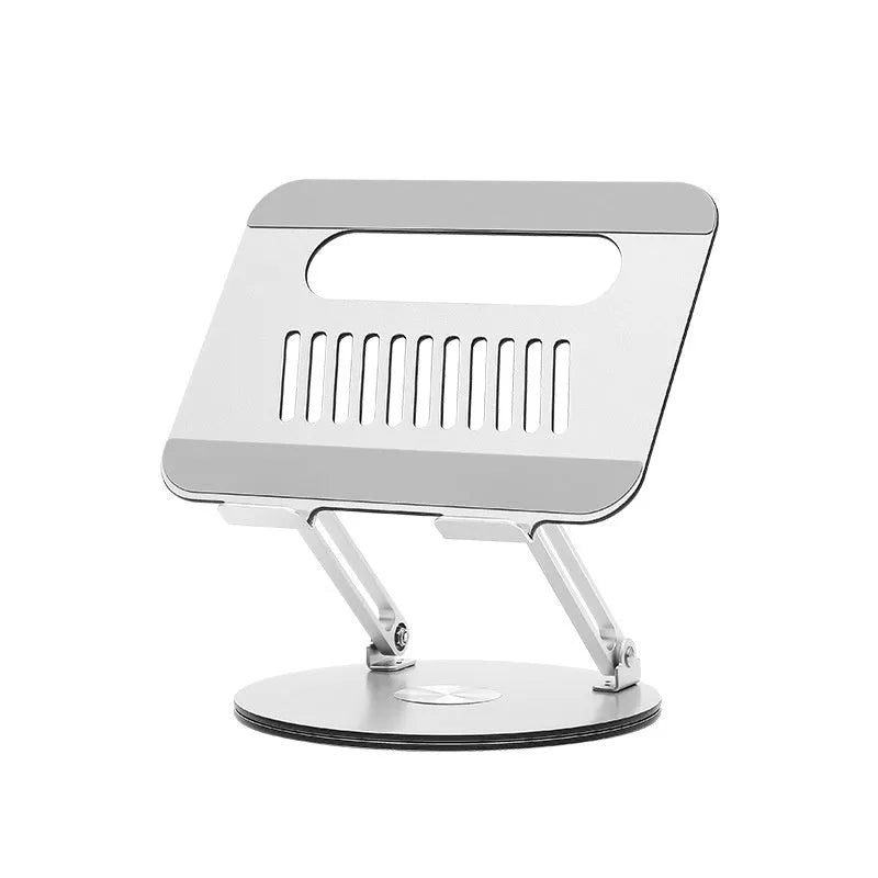 Silver aluminium laptop stand with rotatable base and height adjustment mechanism