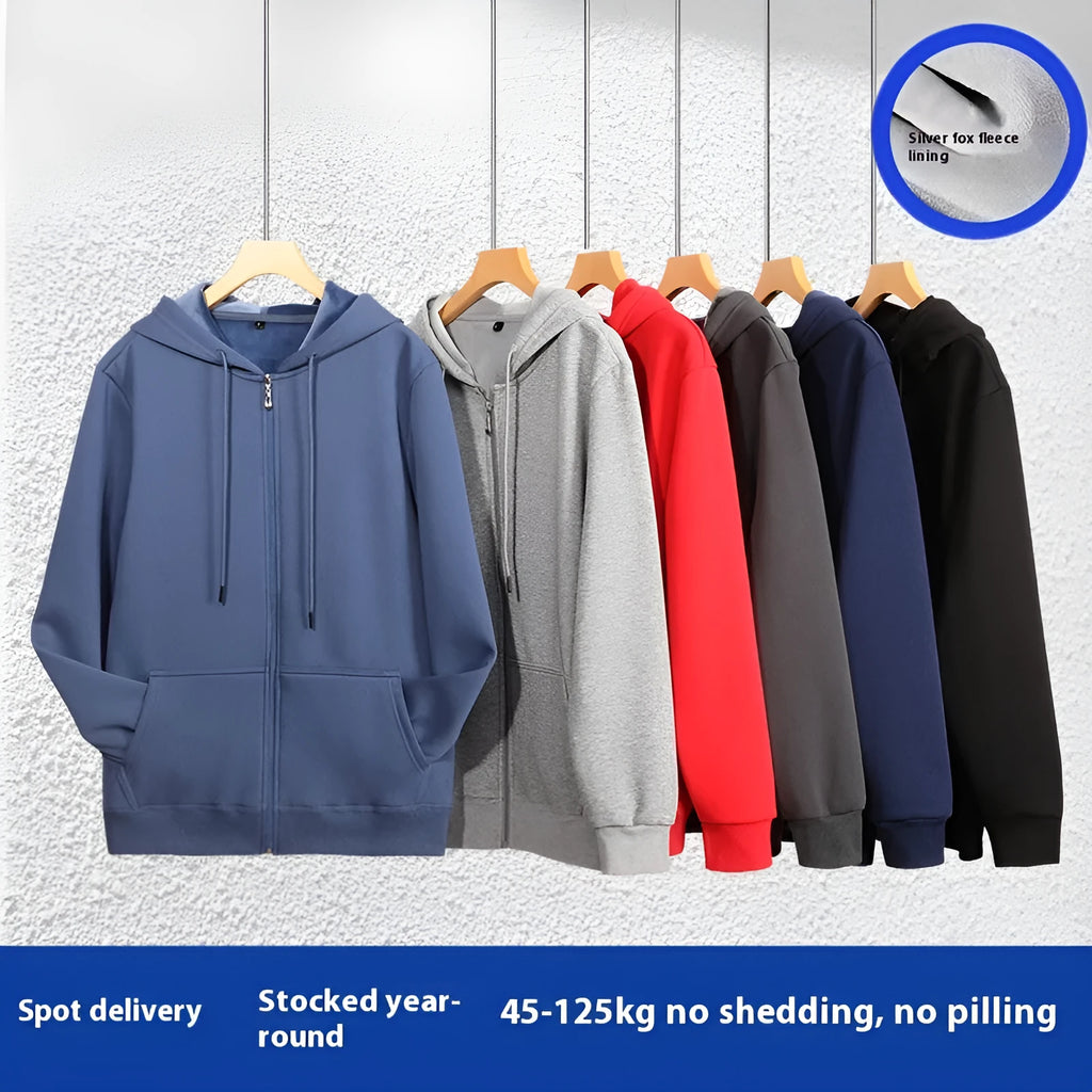 Men's plus size 420g hooded zip-up sweater in loose cardigan style with top-stitched pockets