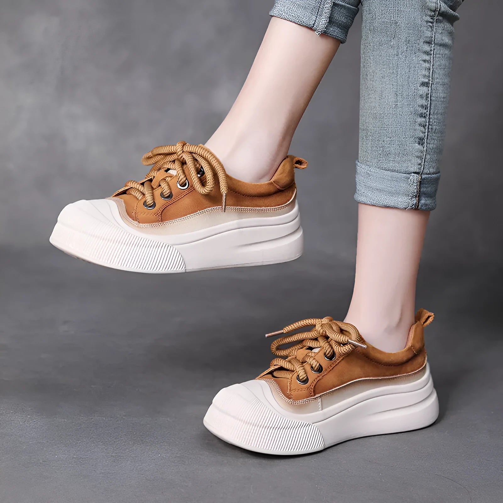 Women's full grain cow leather lace-up casual shoes in Cameo Brown and Yellow with round toe and rubber foam sole