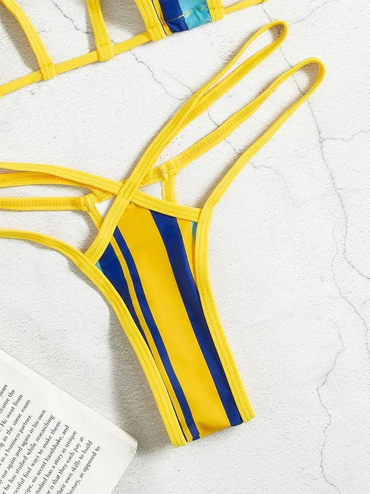 Yellow split swimsuit for women with neck-hanging backless top and high waist shorts