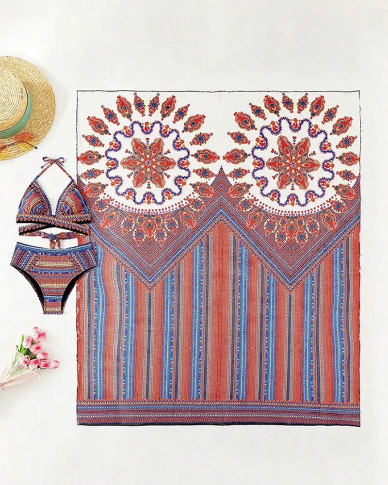 Women's three-piece swimsuit set with cutout blouse and high-waist briefs in polyester fabric