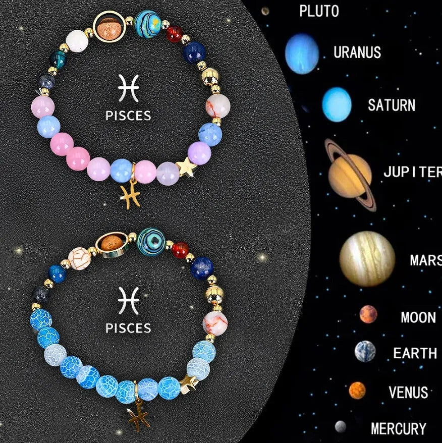 Natural stone beaded bracelets for the twelve zodiac signs laid out in a set.