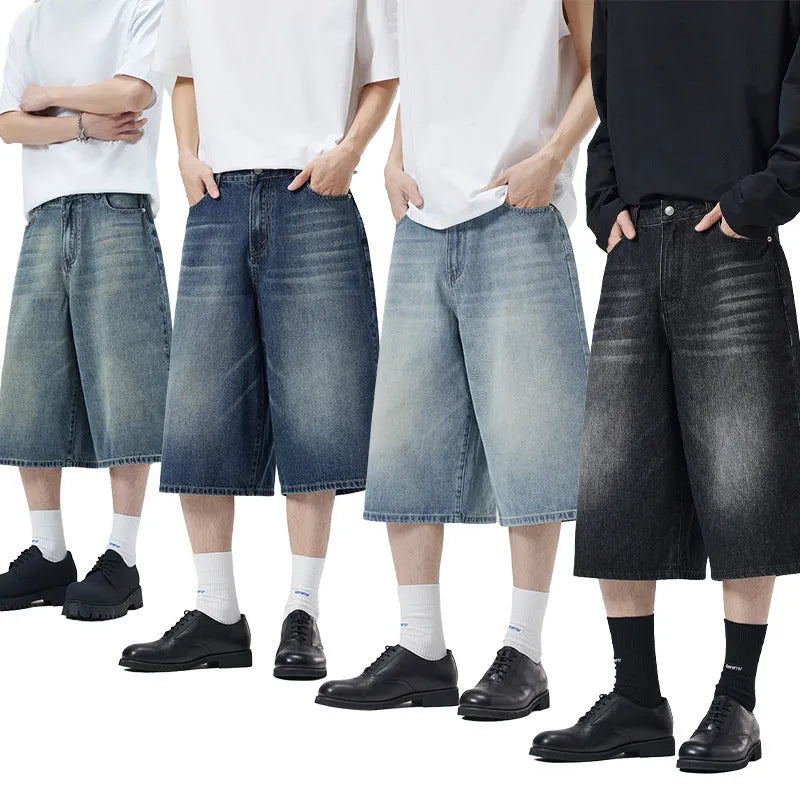 Men's light blue cotton denim shorts with a straight leg and cropped length on a hanger