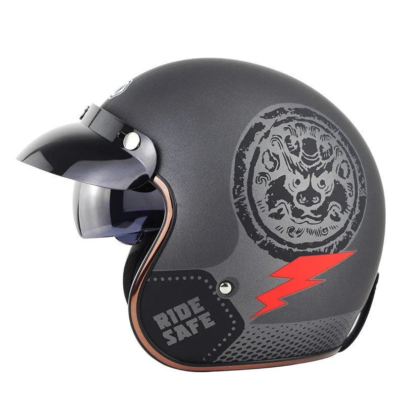 Retro electric bike half helmet in ABS plastic showing colour options including black, grey, orange and yellow designs