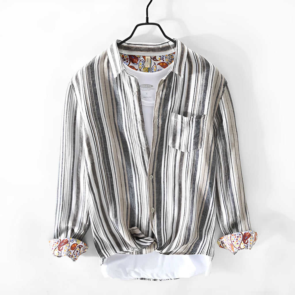 Men's striped linen shirt in red or grey with long sleeves and loose fit for spring summer wear