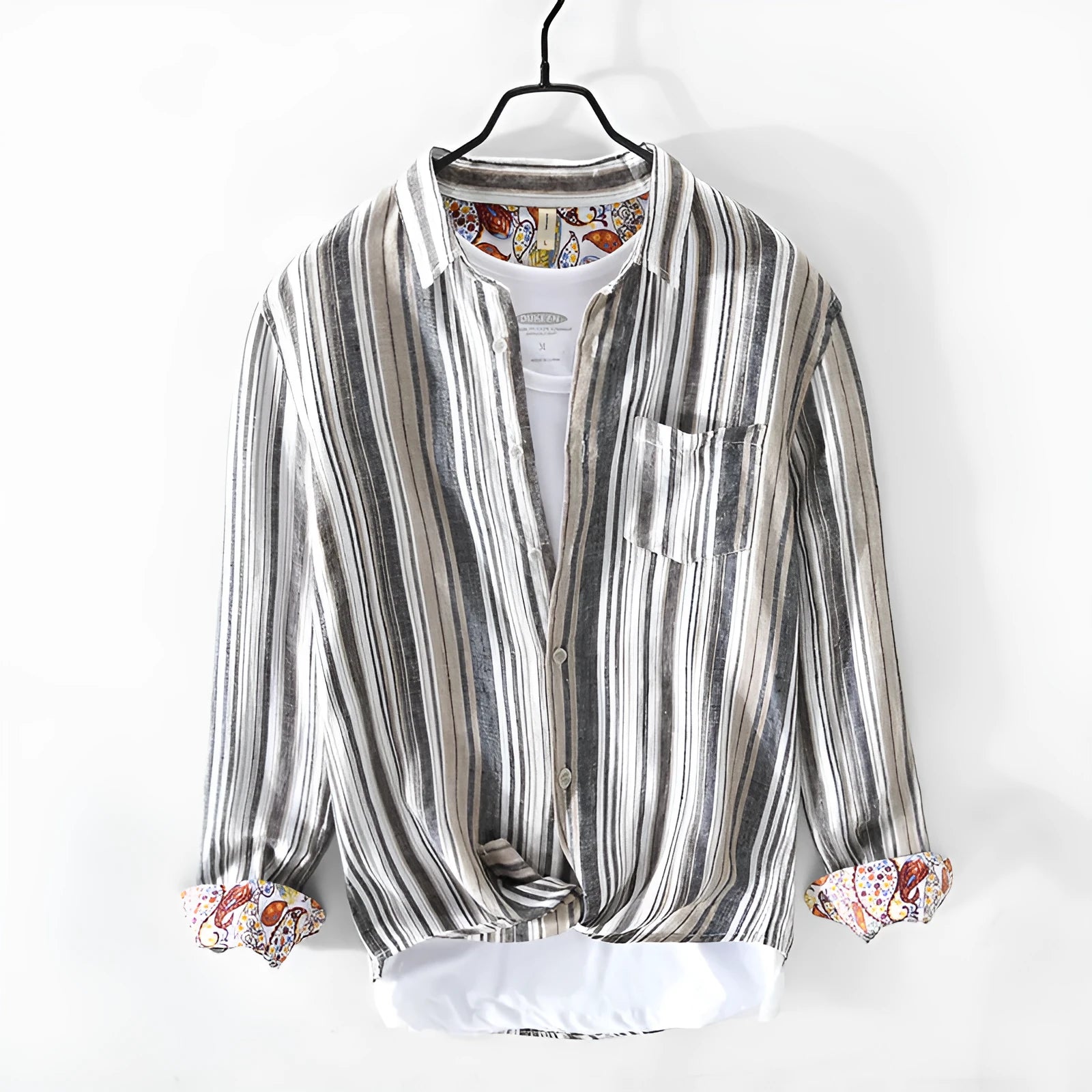 Men's striped linen shirt in red or grey with long sleeves and loose fit for spring summer wear