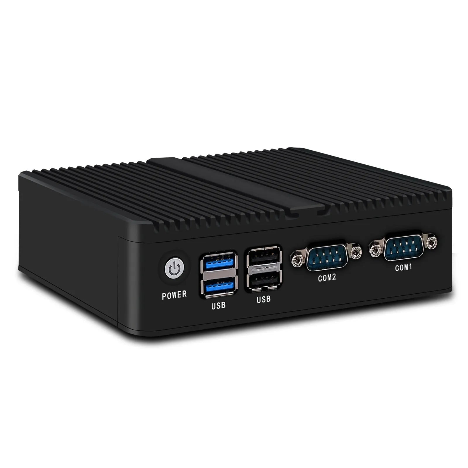 Compact fanless industrial control mini-host with metal chassis measuring 13.6x12.7x4cm