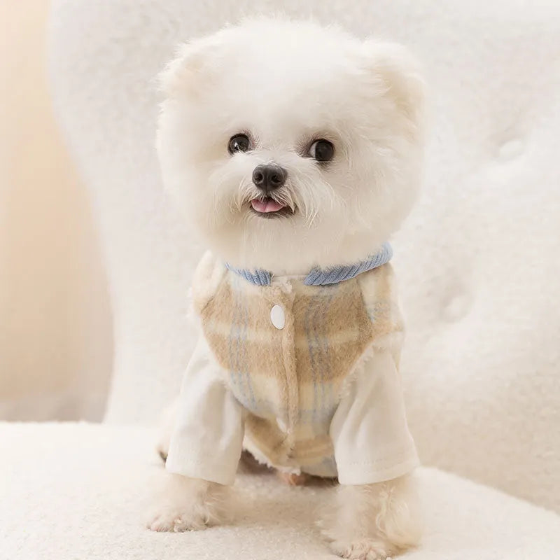 Blue corduroy pet hoodie vest with chessboard grid pattern and traction detailing on hood