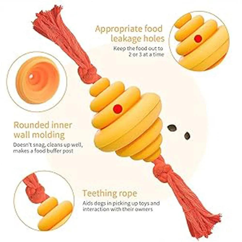 Green and yellow silicone dog ball with rope handle for tug-of-war and treat dispensing